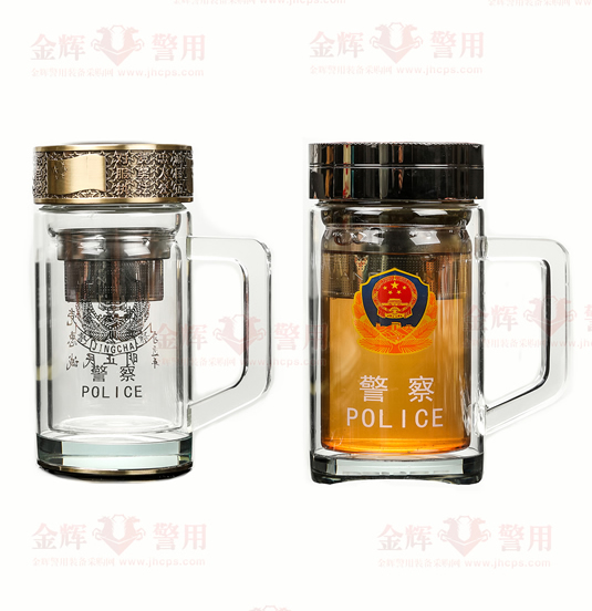 高档警用水晶玻璃杯 带手柄警察专用茶杯 过滤公安泡茶杯 礼盒包装 彩色警徽文化